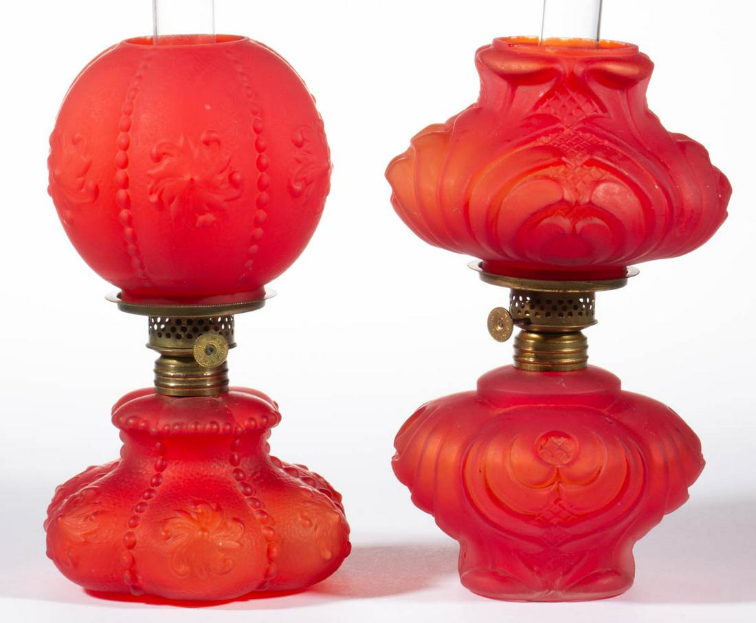 ASSORTED PATTERN RUBY/RED SATIN GLASS MINIATURE LAMPS, (1 of 1)