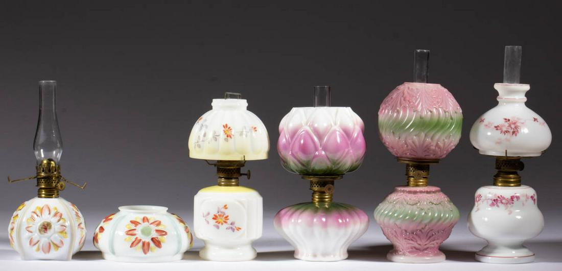 ASSORTED DECORATED OPAQUE GLASS MINIATURE LAMPS, LOT OF: ASSORTED DECORATED OPAQUE GLASS MINIATURE LAMPS, LOT OF FIVE, opaque white with multi-color staining or polychrome decorations, comprising an Artichoke/Smith I, fig. III left; a Sunflower/Smith I, fig
