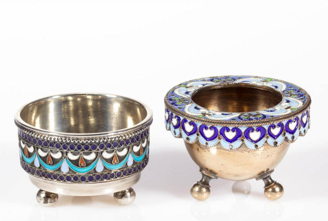 RUSSIAN ENAMELED 0.875 SILVER OPEN SALTS, LOT OF TWO (1 of 4)