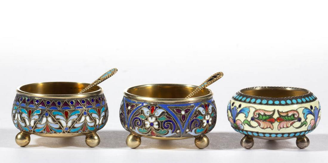 RUSSIAN ENAMELED 0.875 SILVER OPEN SALTS AND SALT (1 of 1)