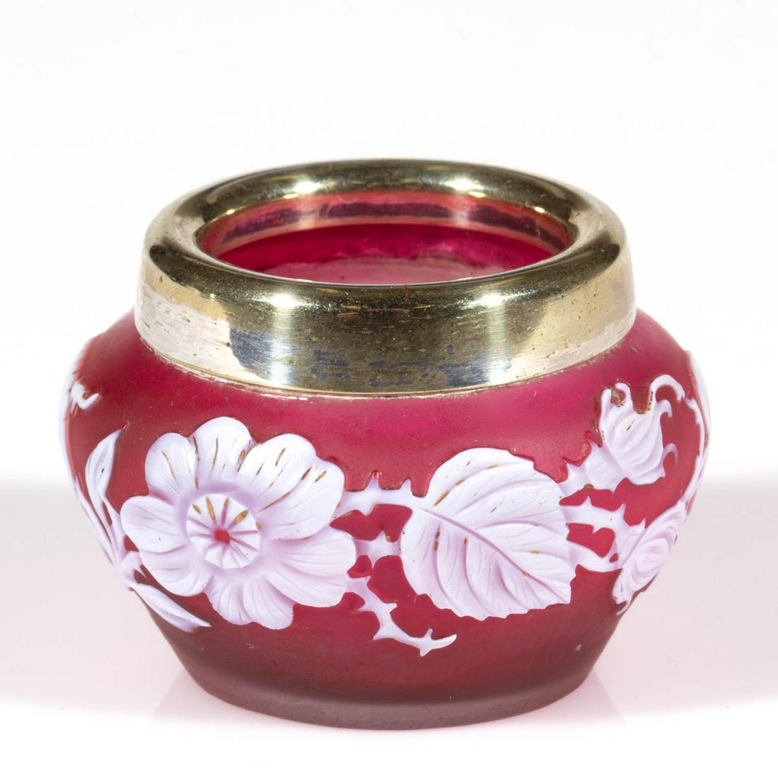 ENGLISH CAMEO ART GLASS OPEN SALT: ENGLISH CAMEO ART GLASS OPEN SALT, white to red, flowering vine design, applied silver rim lacking hallmarks, factory-polished base and pontil mark. Thomas Webb or Stevens and Williams. Fourth quarter