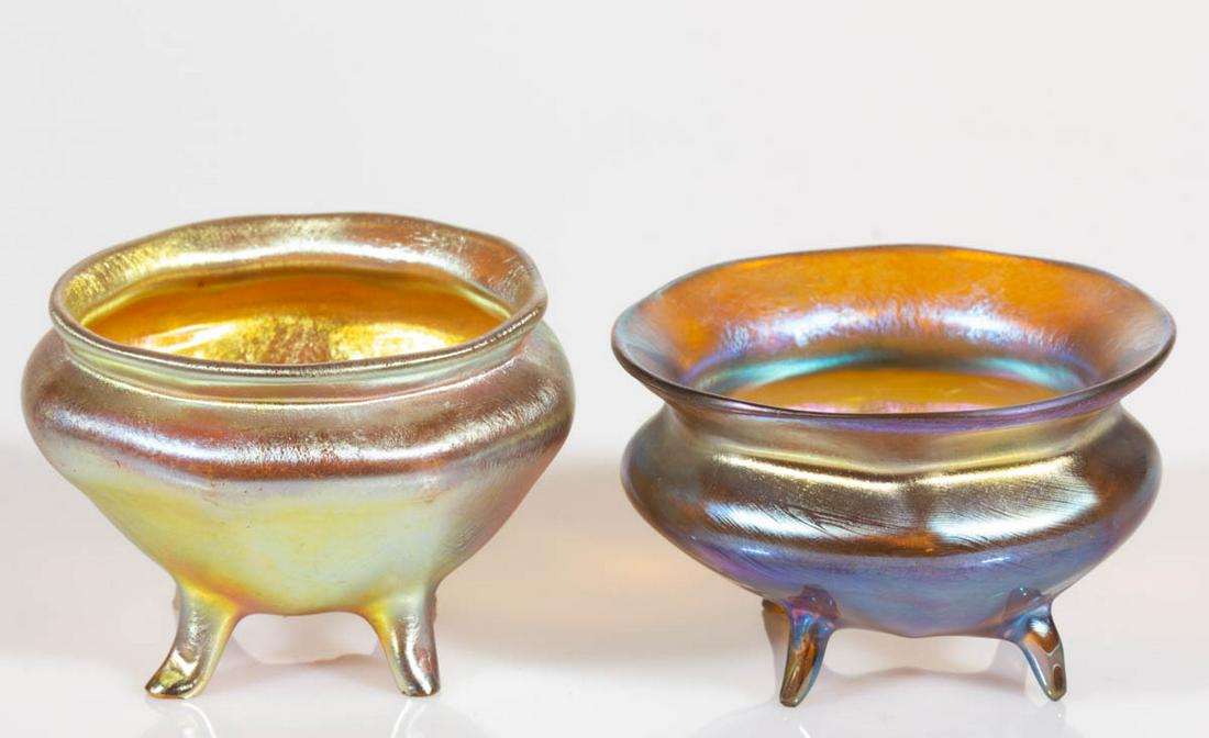 TIFFANY FAVRILE IRIDESCENT ART GLASS FOOTED OPEN SALTS, (1 of 3)