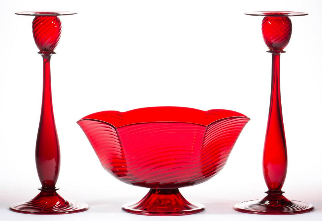 STEUBEN SWIRLED SELENIUM RED ART GLASS THREE-PIECE (1 of 1)