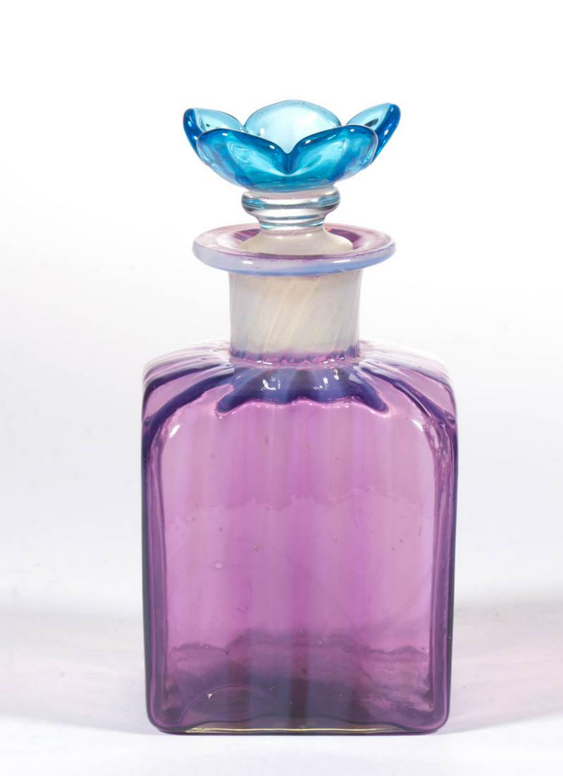 STEUBEN ATTRIBUTED ORIENTAL ORCHID OPALESCENT ART GLASS: STEUBEN ATTRIBUTED ORIENTAL ORCHID OPALESCENT ART GLASS TOILET BOTTLE, amethyst opalescent, shape 6590, with opalescent stripes, topped by a Celeste Blue orchid stopper, together by association, polis