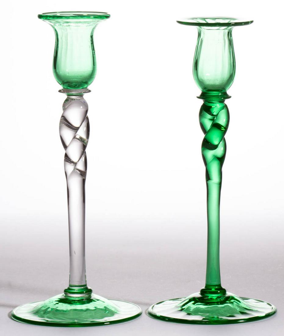 STEUBEN TWISTED-STEM ART GLASS CANDLESTICKS, LOT OF TWO (1 of 1)