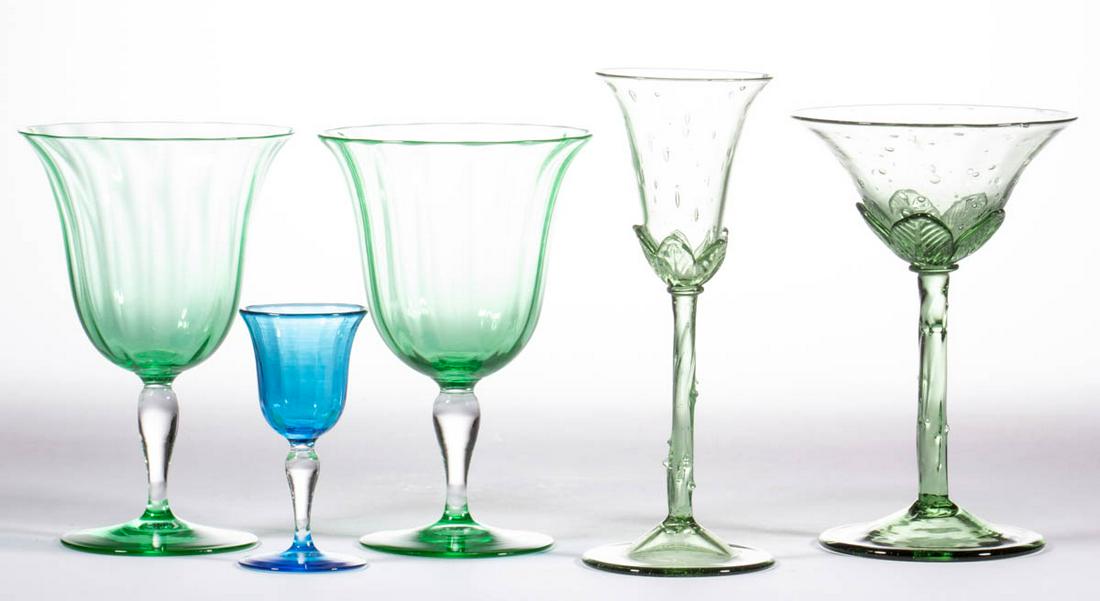 STEUBEN ART GLASS DRINKING ARTICLES, LOT OF FIVE: STEUBEN ART GLASS DRINKING ARTICLES, LOT OF FIVE, comprising two Pomona Green and colorless Panel-Optic goblets, a Celeste Blue and colorless wine, a Spanish Green shape 8316 champagne, and a Spanish