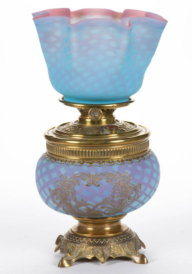 DIAMOND-QUILT MOTHER-OF-PEARL SATIN GLASS KEROSENE (1 of 2)