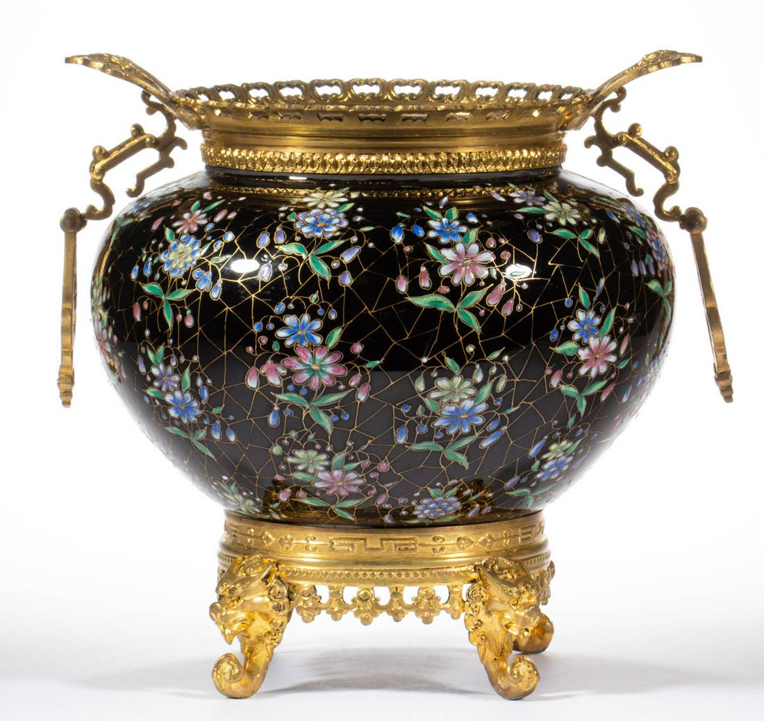 FRENCH ORMOLU BLACK ENAMEL ART GLASS JARDINIÃˆRE (1 of 4)