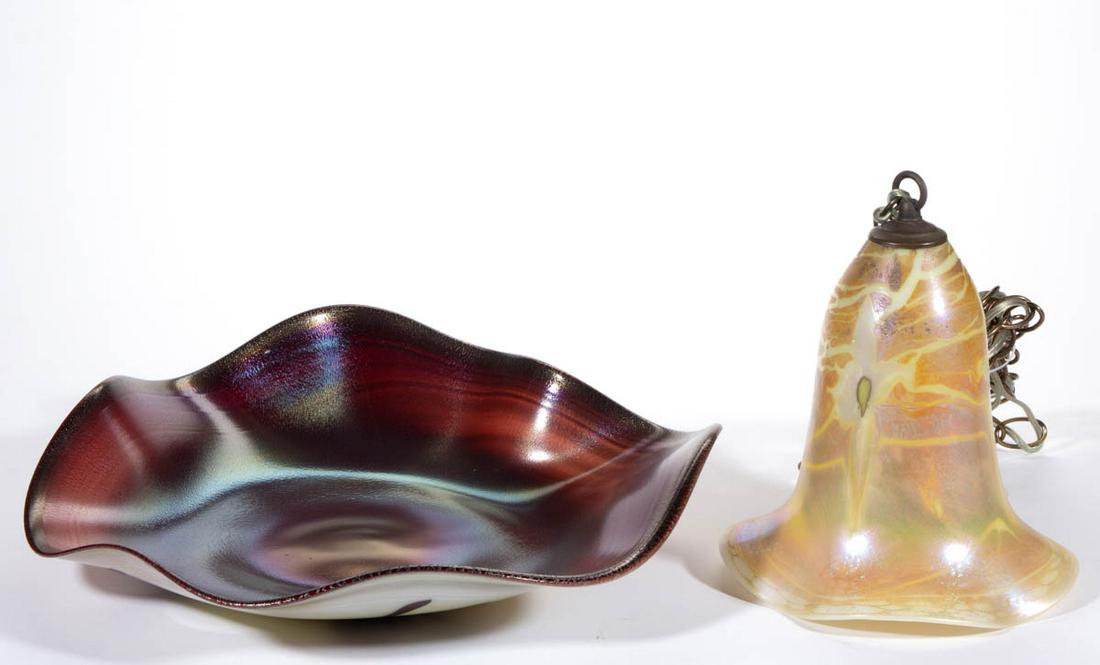 FELLERMAN STUDIO ART GLASS ARTICLES, LOT OF TWO: FELLERMAN STUDIO ART GLASS ARTICLES, LOT OF TWO, comprising a large centerpiece bowl with a cranberry iridescent interior and a polychrome underside with maroon decoration, and a Flower and Vine light