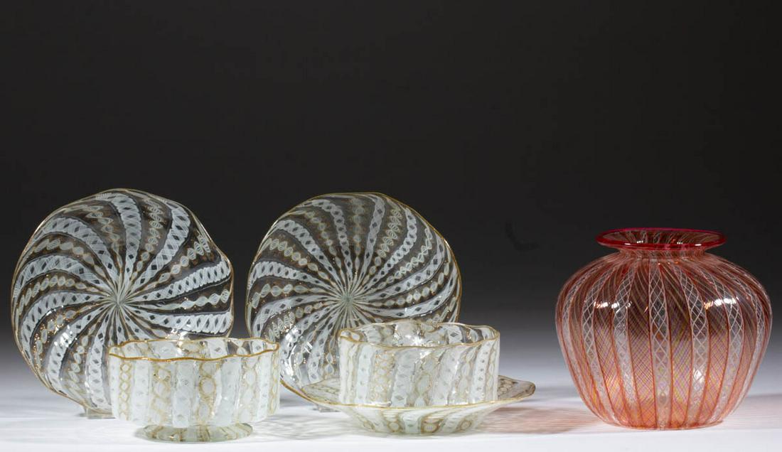 ASSORTED LATTICINIO ART GLASS ARTICLES, LOT OF SIX (1 of 1)