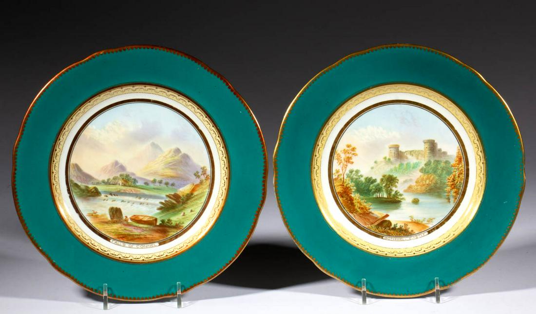 ENGLISH WORCESTER HAND-PAINTED SCOTTISH SCENIC: ENGLISH WORCESTER HAND-PAINTED SCOTTISH SCENIC PORCELAIN PAIR OF PLATES, having beautiful polychrome scenes featuring "BOTHWELL CASTLE." and "FALLS OF CONNEL.", each with deep teal border and gilt acc