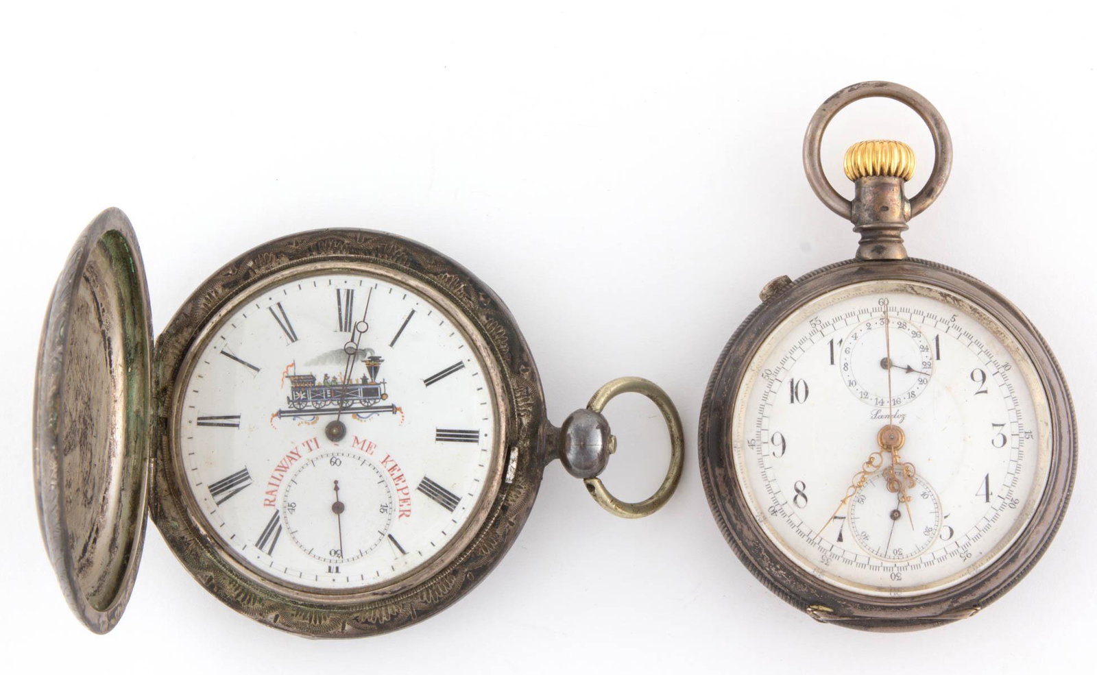 ANTIQUE SILVER-CASED POCKET WATCHES, LOT OF TWO: ANTIQUE SILVER-CASED POCKET WATCHES, LOT OF TWO, comprising a Sandoz Swiss split-second chronograph example having an 0.800 silver case, and a Cooper & Co. London example in a silver-toned case having