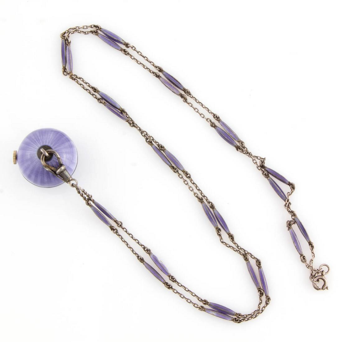 J. GREVERE SWISS GUILLOCHE ENAMELED STERLING SILVER: J. GREVERE SWISS GUILLOCHE ENAMELED STERLING SILVER BALL WATCH WITH CHAIN, 15-jewel movement, dial with Arabic chapter ring and blued-steel spade hands, ball-form sterling silver pendant case with pur
