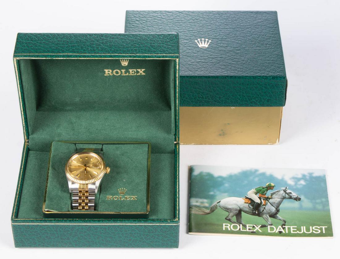 VINTAGE ROLEX OYSTER PERPETUAL DATEJUST 18K GOLD AND: VINTAGE ROLEX OYSTER PERPETUAL DATEJUST 18K GOLD AND STAINLESS STEEL MEN'S WRIST WATCH, gold-toned dial with tally mark chapter ring featuring the Rolex five-point crown at the 12 position, screw wind