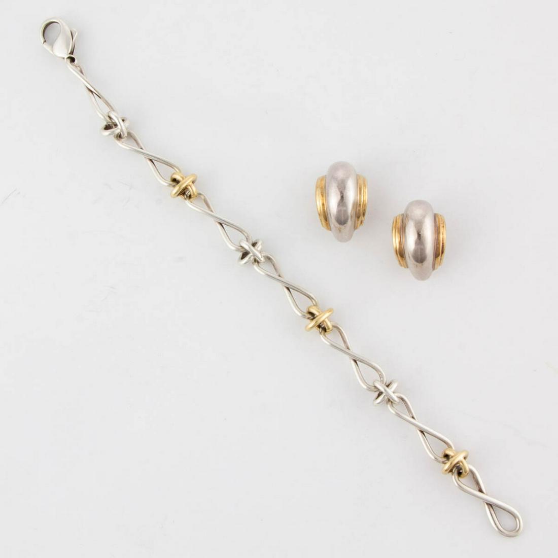 PALOMA PICASSO FOR TIFFANY & CO. 18K GOLD AND STERLING: PALOMA PICASSO FOR TIFFANY & CO. 18K GOLD AND STERLING SILVER JEWELRY ARTICLES, LOT OF THREE PIECES, comprising a pair of half-hoop form earrings having post back with omega clip fastener, and a knot 