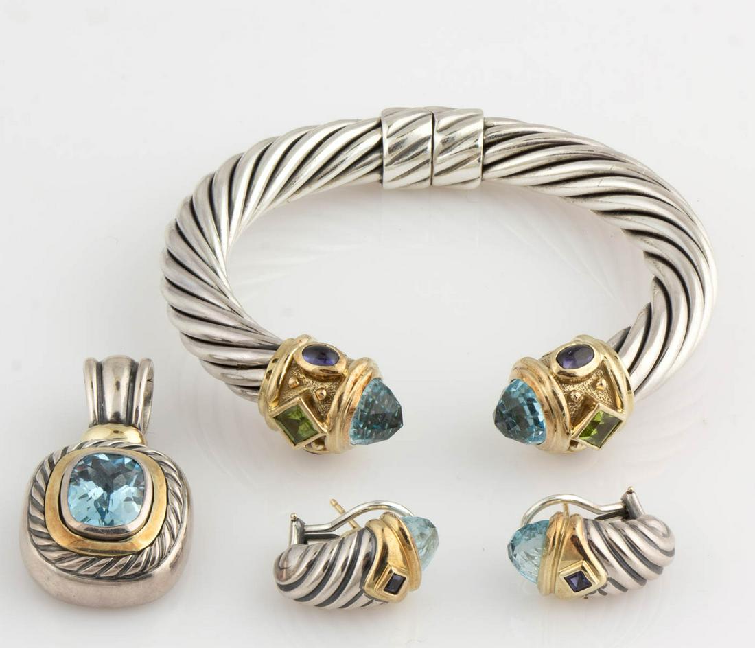 DAVID YURMAN STERLING SILVER, 14K GOLD-ACCENTED, AND: DAVID YURMAN STERLING SILVER, 14K GOLD-ACCENTED, AND BLUE TOPAZ JEWELRY SUITE, LOT OF FOUR, each with cable design and blue topaz, comprising a "Renaissance" hinged cuff bracelet with peridot and like