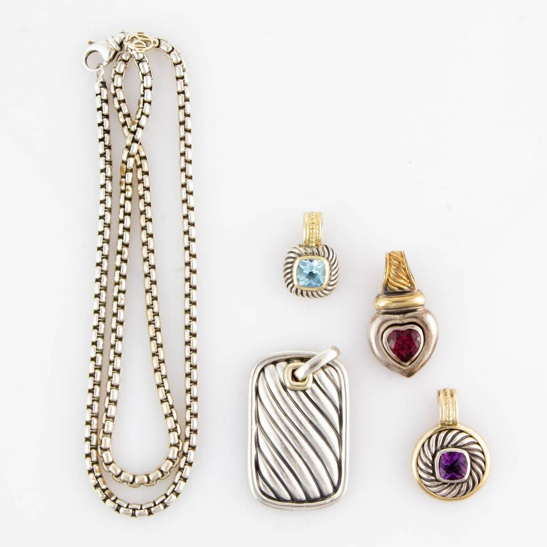 DAVID YURMAN STERLING SILVER AND 14K GOLD-ACCENTED: DAVID YURMAN STERLING SILVER AND 14K GOLD-ACCENTED NECKLACE CHAIN AND PENDANTS, LOT OF FIVE, comprising a 3.6 mm box chain with a lobster clasp and a 14K gold "DY" charm, and four pendants with cable