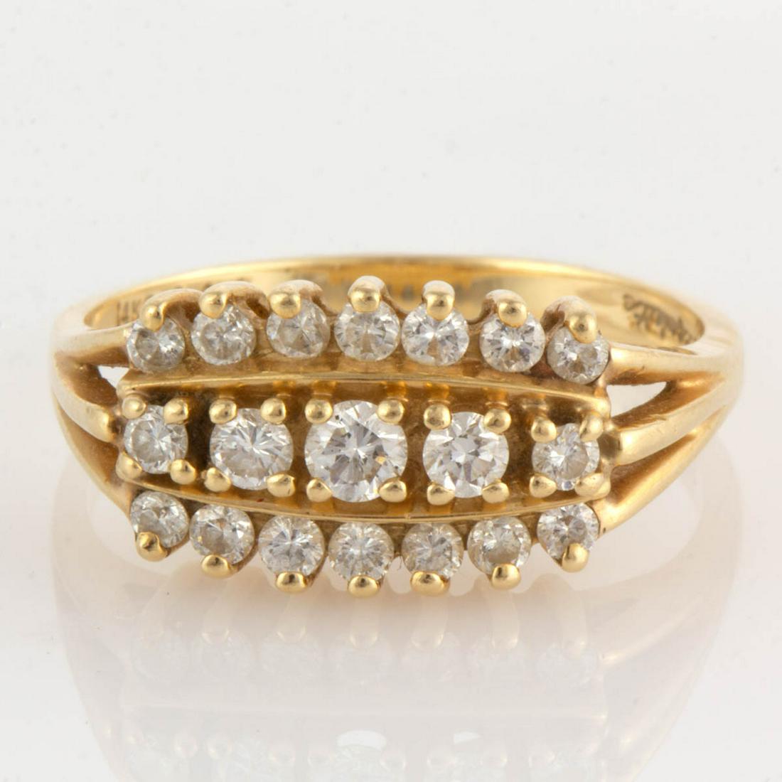 VINTAGE 14K YELLOW GOLD AND DIAMOND LADY'S RING: VINTAGE 14K YELLOW GOLD AND DIAMOND LADY'S RING, top with three rows of round brilliant-cut diamonds, comprising two rows with each having seven diamonds each measuring approximately 1.5 mm in diamete