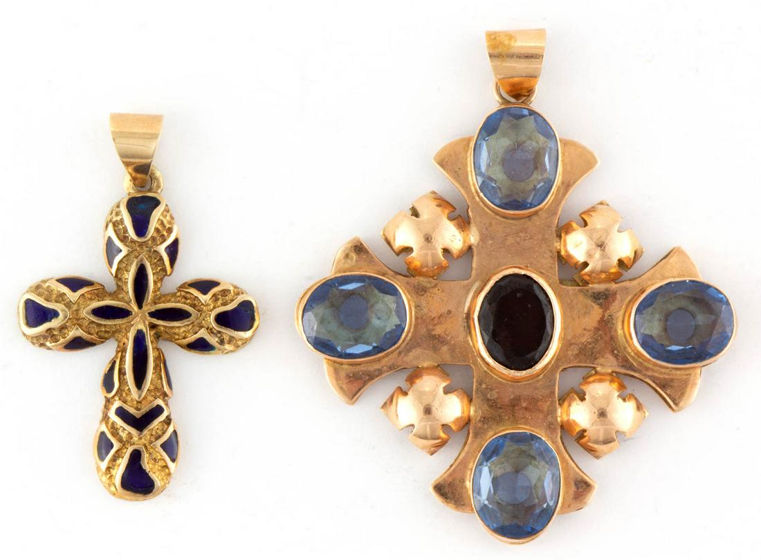 VINTAGE 14K GOLD CROSS PENDANTS, LOT OF TWO: VINTAGE 14K GOLD CROSS PENDANTS, LOT OF TWO, comprising a rose gold Jerusalem cross example with four oval-cut light blue spinel or topaz stones and a center dark red possibly garnet stone, and a yell