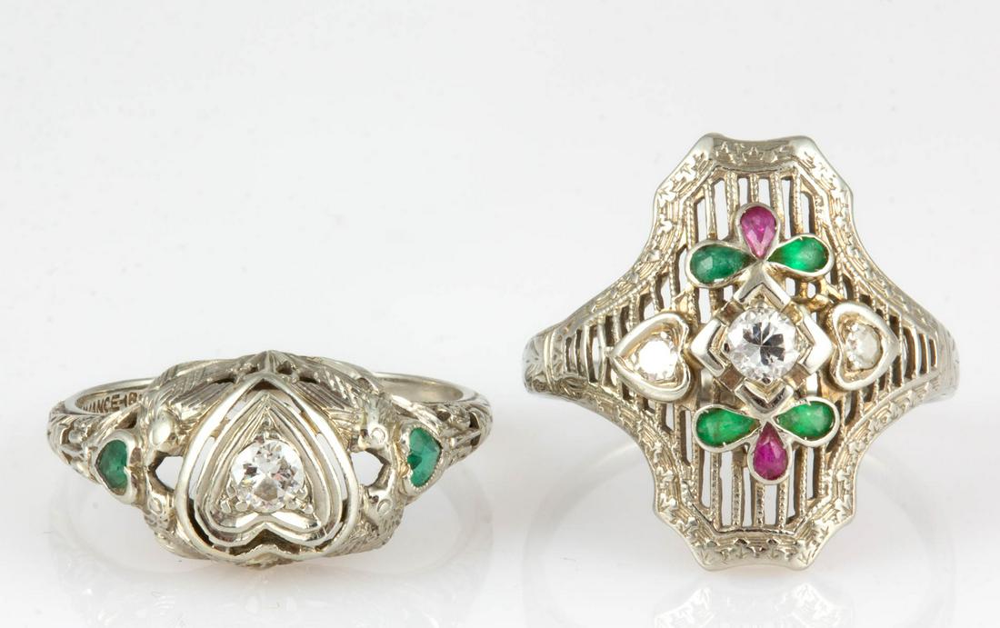 VINTAGE 18K WHITE GOLD, DIAMOND, AND STONE LADY'S: VINTAGE 18K WHITE GOLD, DIAMOND, AND STONE LADY'S RINGS, LOT OF TWO, comprising one example by Benjamin & Edward J. Gross Co., Inc. of New York City, NY with a heart-motif center set with a round bril