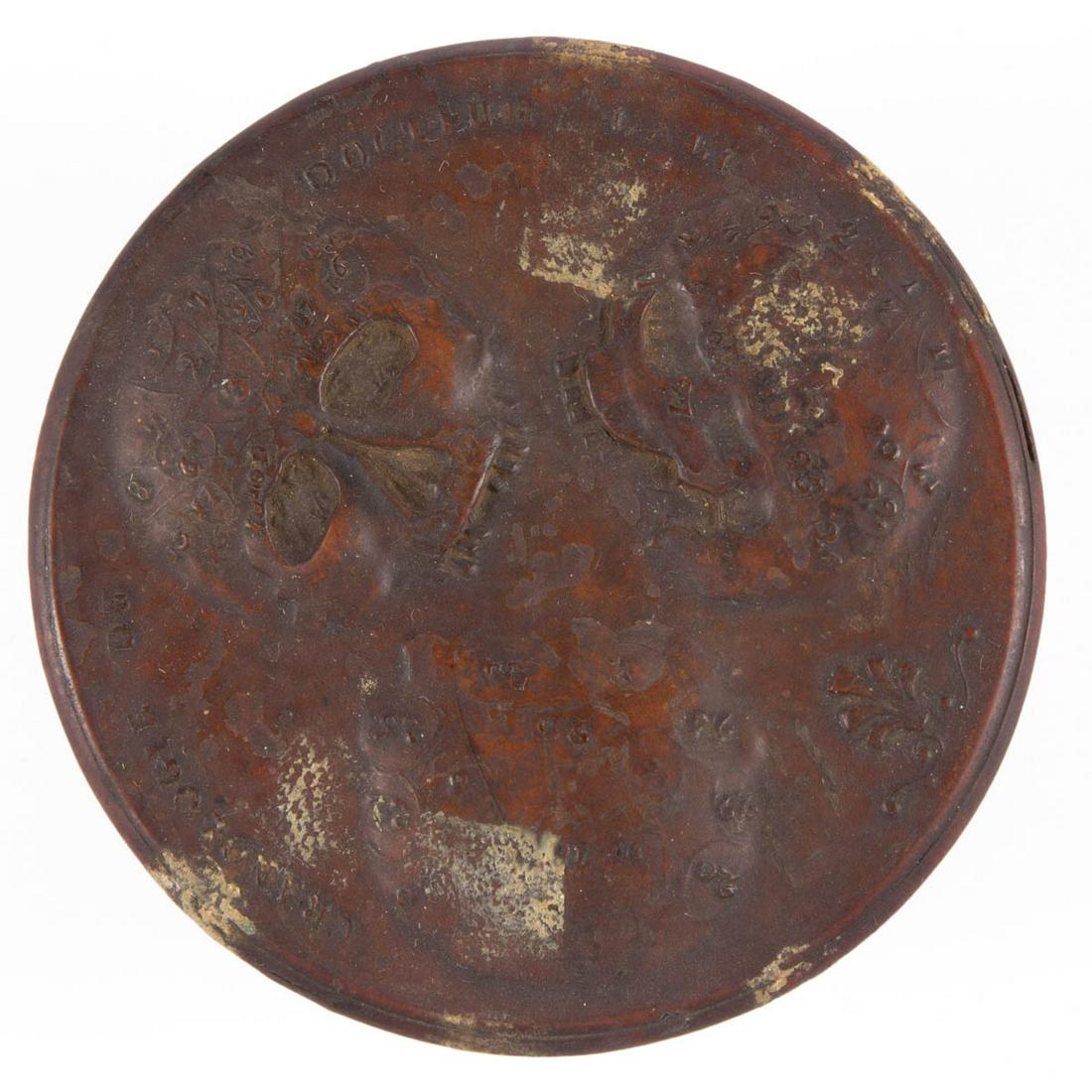 FRENCH IMPRESSED BURL WOOD PHRENOLOGY SNUFF BOX: FRENCH IMPRESSED BURL WOOD PHRENOLOGY SNUFF BOX, pieces together by association, cover featuring skulls and "CRANOLOGIE de DOCTEUR GALL" referring to Dr. F.J. Gall (1758-1828), contents of box include