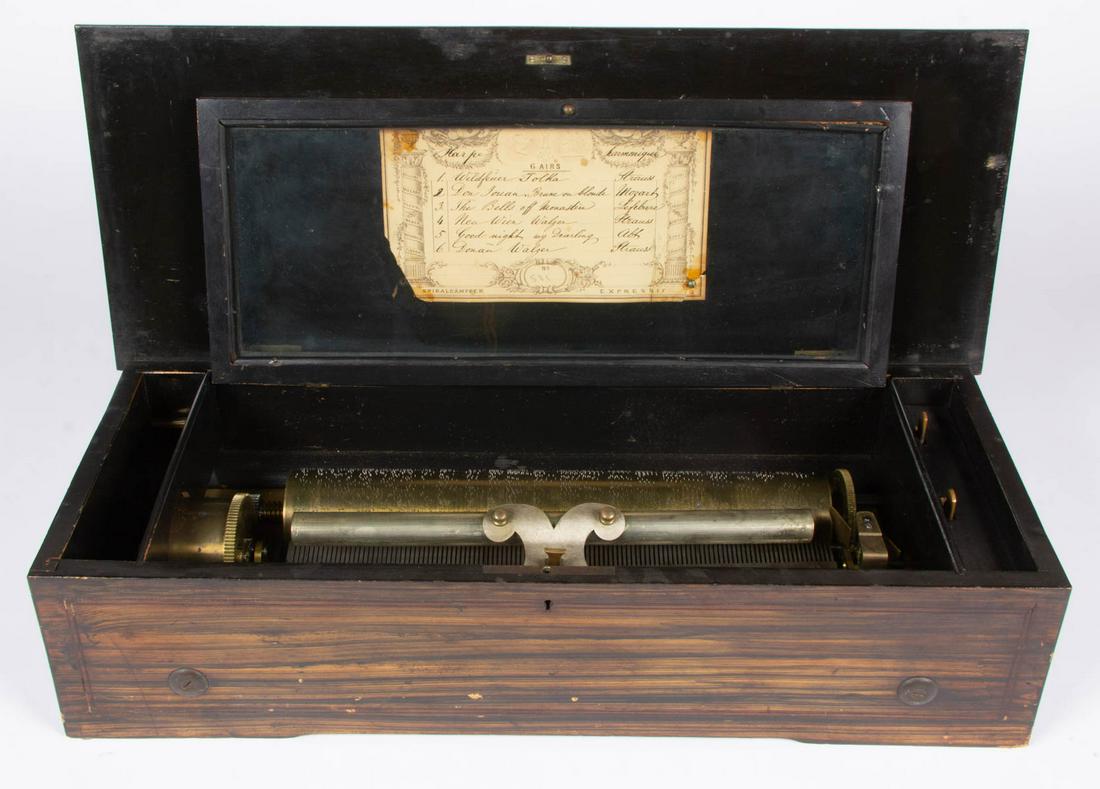 SWISS SPIRAL DAMPFER EXPRESSIF 6-AIRS CYLINDER MUSIC: SWISS SPIRAL DAMPFER EXPRESSIF 6-AIRS CYLINDER MUSIC BOX, 12 1/2inch 6-tune cylinder, with hand written serial number "no. 581", mechanism stamped "2776", lid featuring inlaid decoration of a bird. Fo