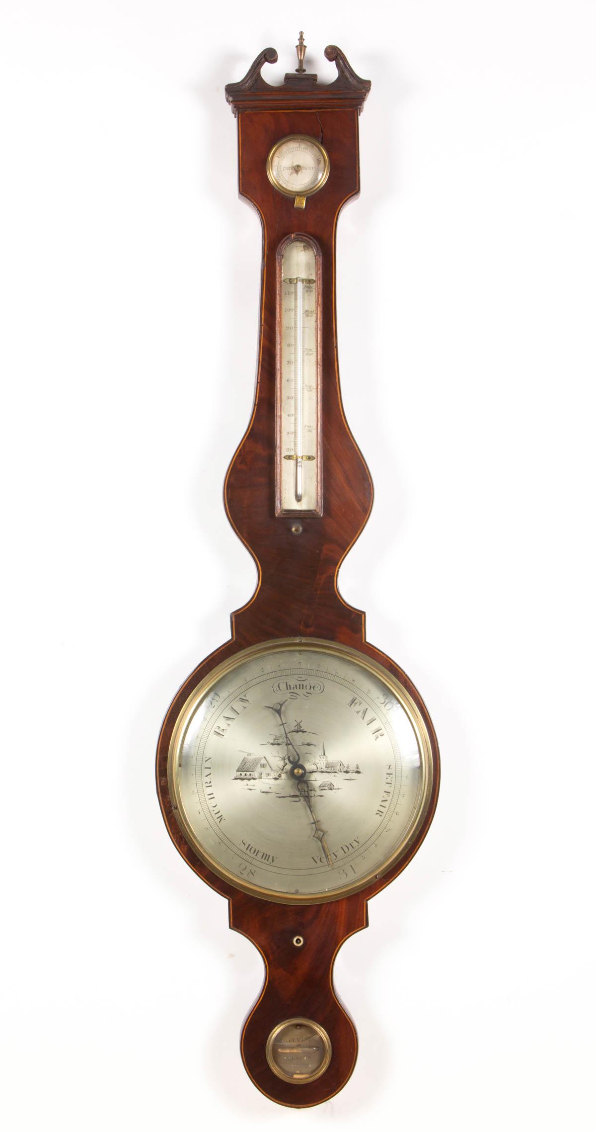 D. LUVATE, PRESTON MAHOGANY WHEEL BAROMETER: D. LUVATE, PRESTON MAHOGANY WHEEL BAROMETER, signed "D. LUVATE / PRESTON". Old surface with warm color. 19th century. 43 1/2" LOA. Good overall condition, breaks, repairs and losses to swan's neck ped