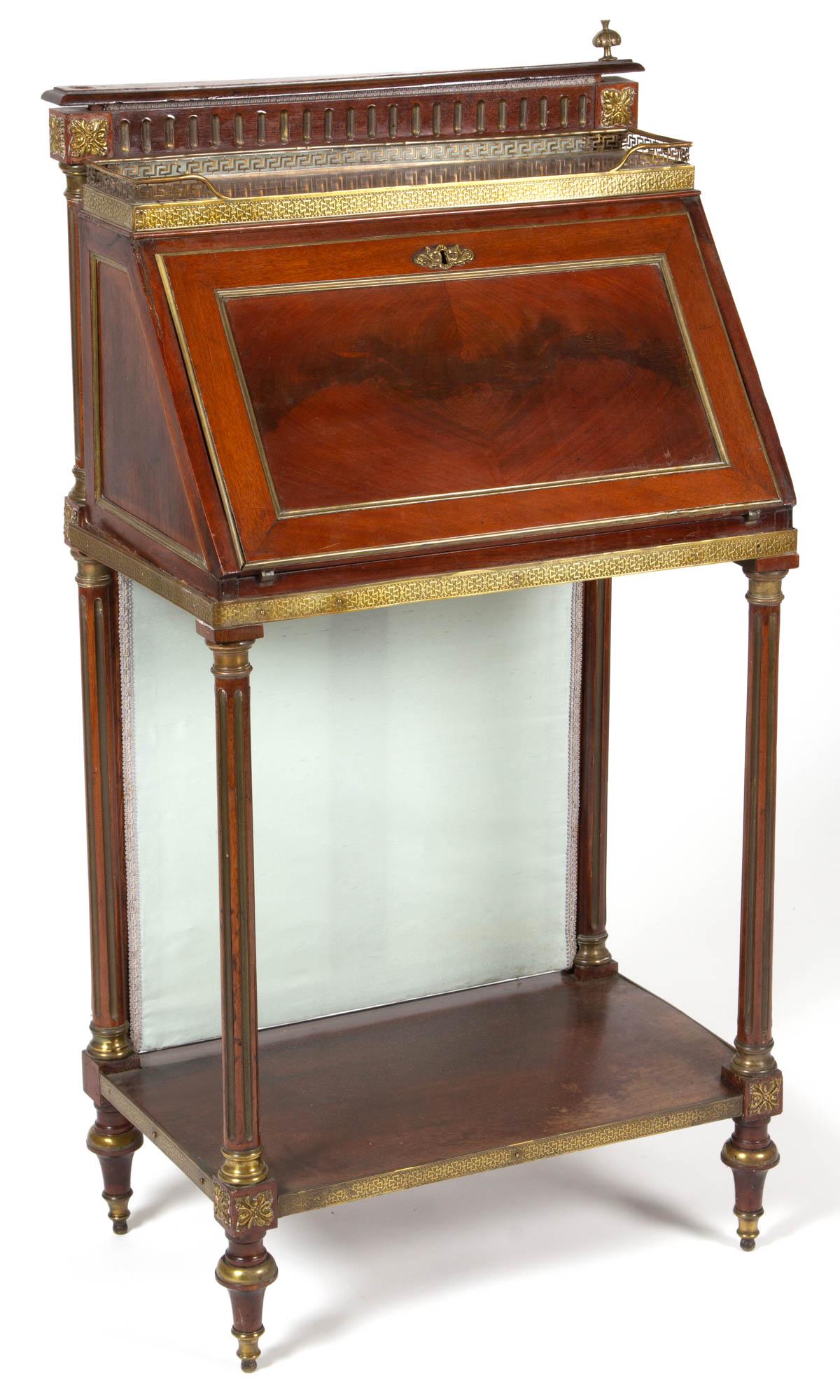 FRENCH BRASS-INLAID MAHOGANY LADY'S WRITING DESK: FRENCH BRASS-INLAID MAHOGANY LADY'S WRITING DESK, featuring hinged fall board concealing fitting interior, medial shelf, raised on reeded legs. Old surface with warm color. Fourth quarter 19th century