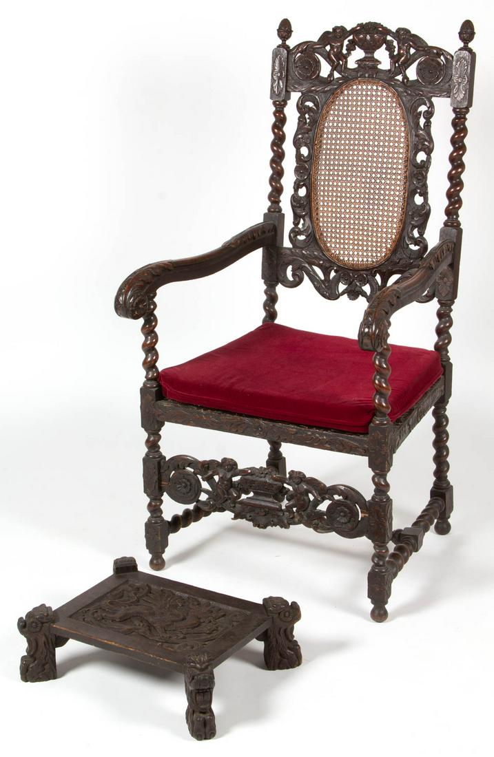 CONTINENTAL GRAND RENAISSANCE CARVED OAK LIBRARY / ARM: CONTINENTAL GRAND RENAISSANCE CARVED OAK LIBRARY / ARM CHAIR, featuring carved cherubs, and scrolled arms with acanthus carvings. Old surface with warm color. Together with a carved foot stool featuri