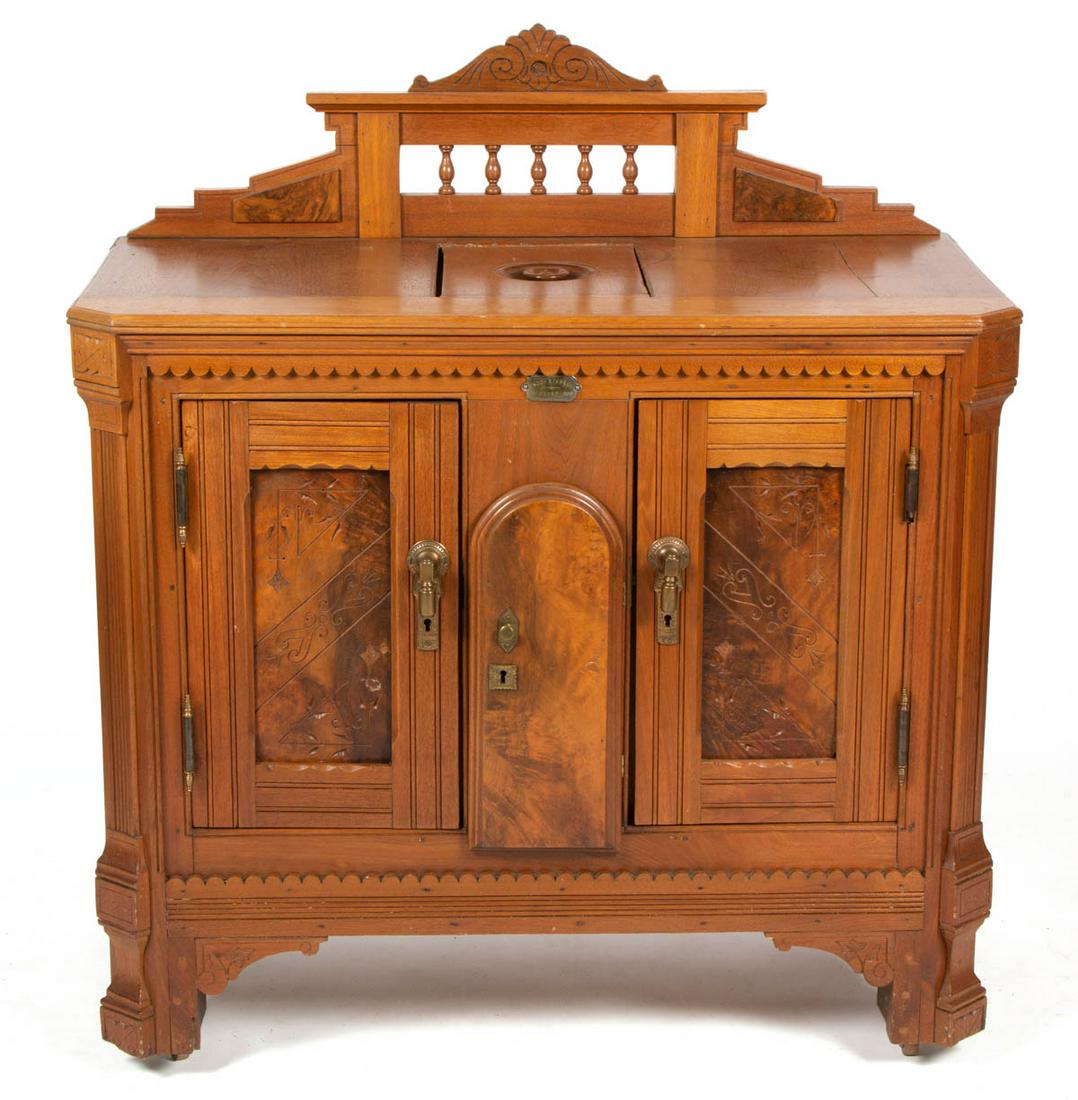 VICTORIAN WALNUT ICE BOX BUFFET: VICTORIAN WALNUT ICE BOX BUFFET, featuring cover concealing interior with metal lining, and applied gallery. Old surface with mild color. Probably Enoch S. Farson, Manufacturing Co., Philadelphia, Pen