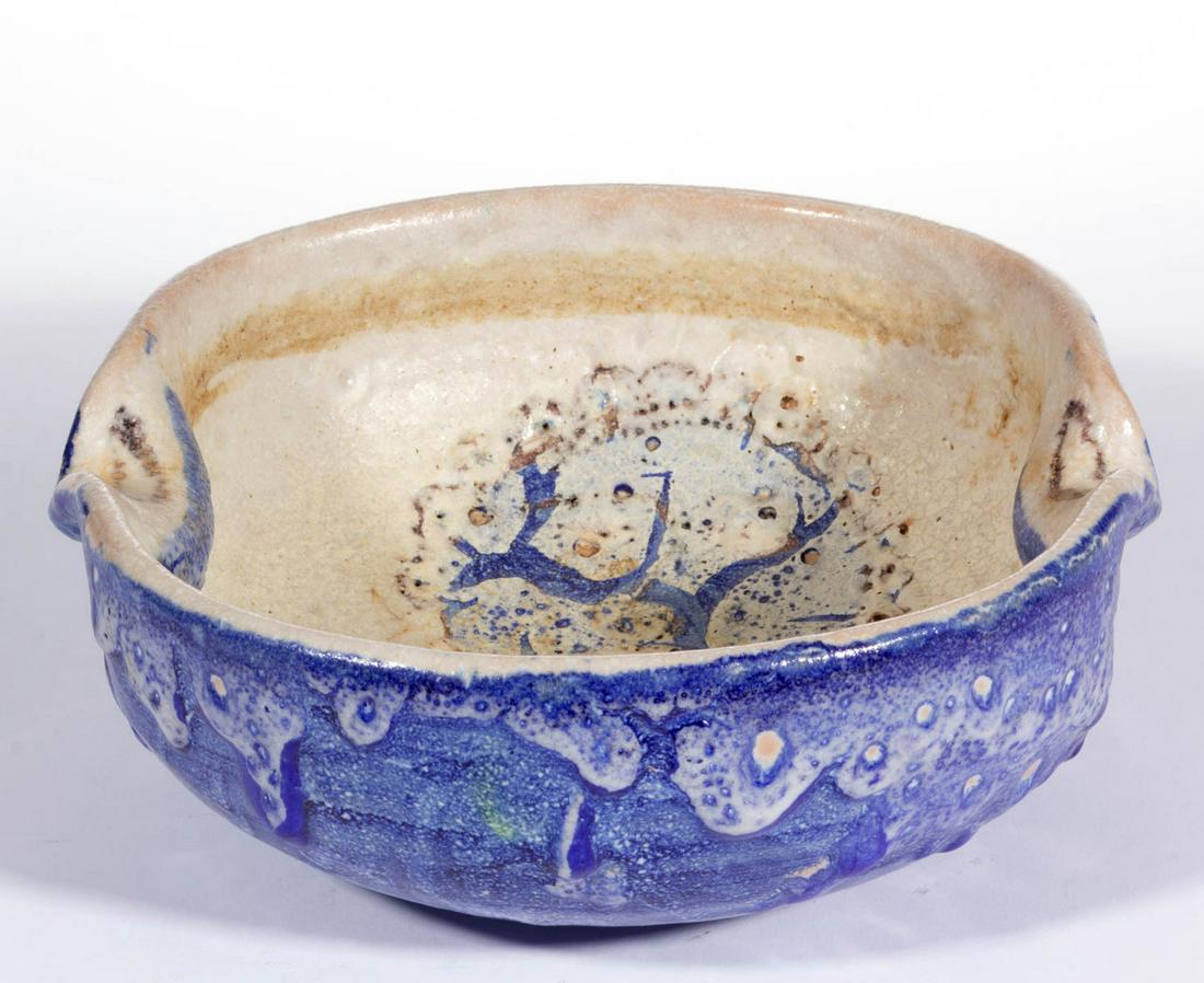 GUIDO GAMBONE (ITALIAN, 1909-1969) STUDIO ART POTTERY: GUIDO GAMBONE (ITALIAN, 1909-1969) STUDIO ART POTTERY BOWL, circular form with double spouts, having frothy blue and cream glaze decoration. Hand-brushed donkey mark with "GAMBONE / ITALY" to undersid