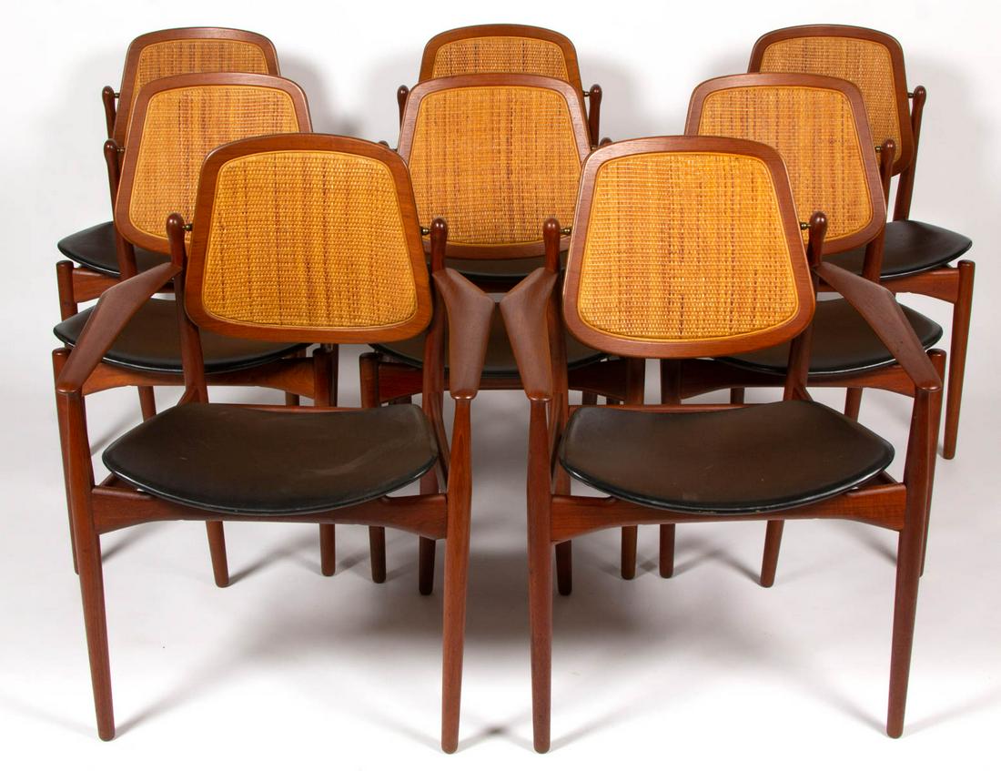 DANISH ARNE VODDER FOR FRANCE & SON MID-CENTURY MODERN: DANISH ARNE VODDER FOR FRANCE & SON MID-CENTURY MODERN TEAKWOOD DINING CHAIRS, SET OF EIGHT, comprising two arm chairs and six side chairs, each with rattan swivel backs, bearing France & Doaurkosen a
