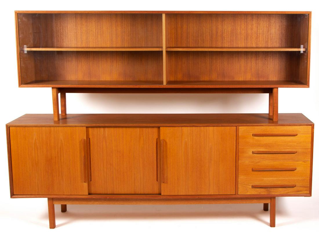 DANISH HP HANSEN MID-CENTURY MODERN TEAKWOOD CREDENZA /: DANISH HP HANSEN MID-CENTURY MODERN TEAKWOOD CREDENZA / BUFFET, two-piece construction, stamped on the reverse "MADE IN DENMARK". Old surface with warm color. Third quarter 20th century. 58" H, 80 1/4