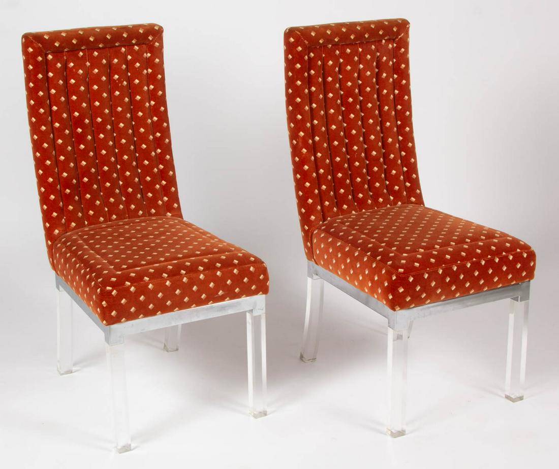 PAIR OF MID-CENTURY MODERN LUCITE CHAIRS: PAIR OF MID-CENTURY MODERN LUCITE CHAIRS, upholstered, no markings located. Possibly Charles Hollis Jones. Third quarter 20th century. 39 1/2" HOA, 19 1/2" H seat. Very good overall condition, with ar