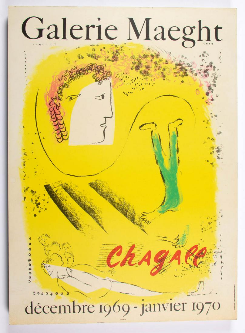 MARC CHAGALL GALERIE MAEGHT EXHIBITION POSTER: MARC CHAGALL GALERIE MAEGHT EXHIBITION POSTER, printed in the lower right corner "Copyright 1969 by Maeght Editeur". 1969-1970. 30 3/4" x 22 1/4".Very good overall visual condition, possibly applied t