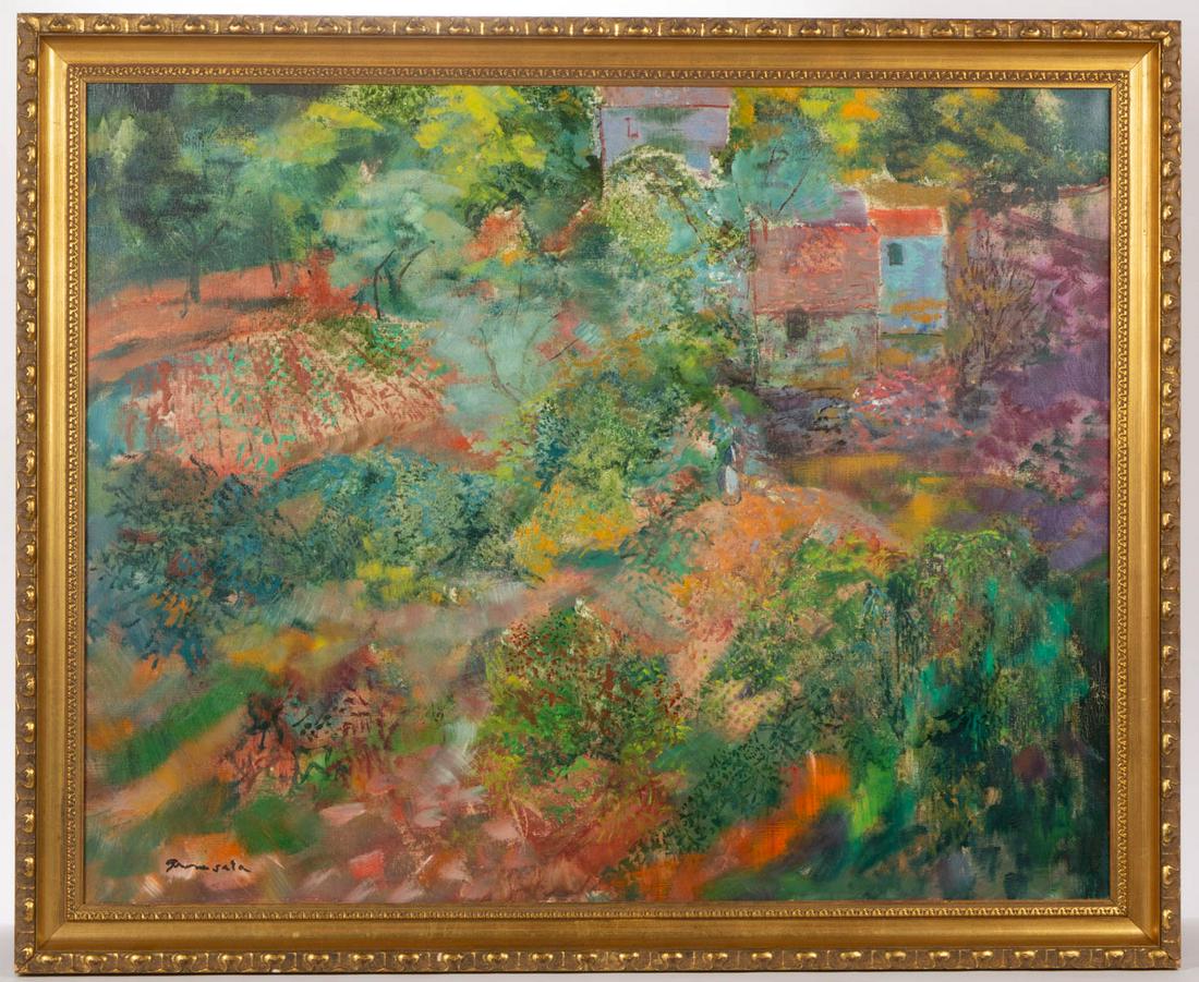 EMILIO GRAU SALA (SPANISH, 1911-1975) ABSTRACT: EMILIO GRAU SALA (SPANISH, 1911-1975) ABSTRACT CATALONIAN LANDSCAPE, oil on canvas, a stylized, vibrant depiction of farmhouses, fields, and foliage, a single figure in the center, signed lower left a