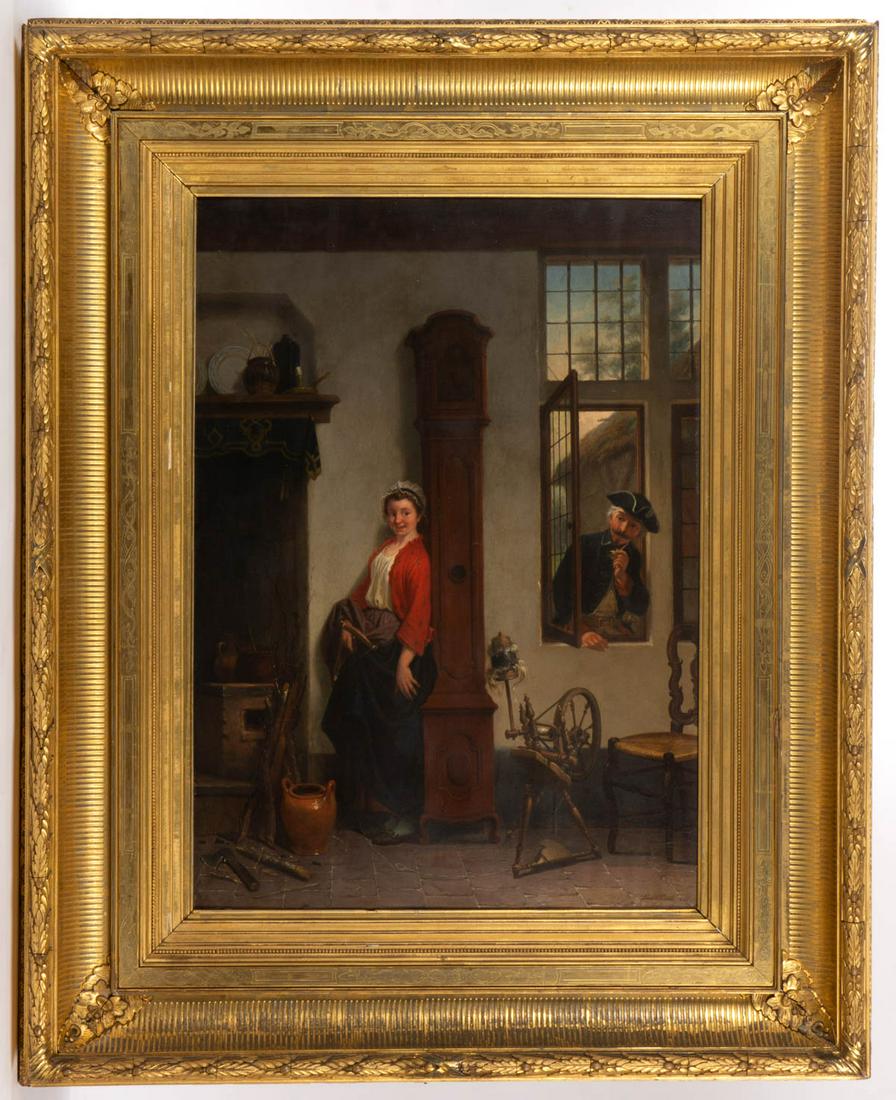 CONTINENTAL SCHOOL (19TH CENTURY) GENRE SCENE: CONTINENTAL SCHOOL (19TH CENTURY) GENRE SCENE, oil on panel, an interior scene featuring a maid playfully hiding behind a tall-case clock while a gentleman peers through the window, signed and dated "