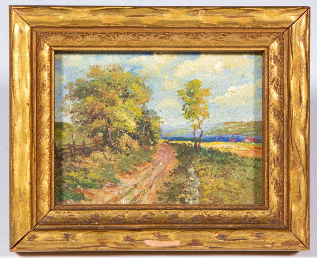 AMERICAN SCHOOL (20TH CENTURY) DIMINUTIVE TEXAS: AMERICAN SCHOOL (20TH CENTURY) DIMINUTIVE TEXAS LANDSCAPE PAINTING, oil on panel, with blue bonnets in the distance, signed and dated on reverse possibly by the artist "J. Hayhurst / 1934". Housed in 