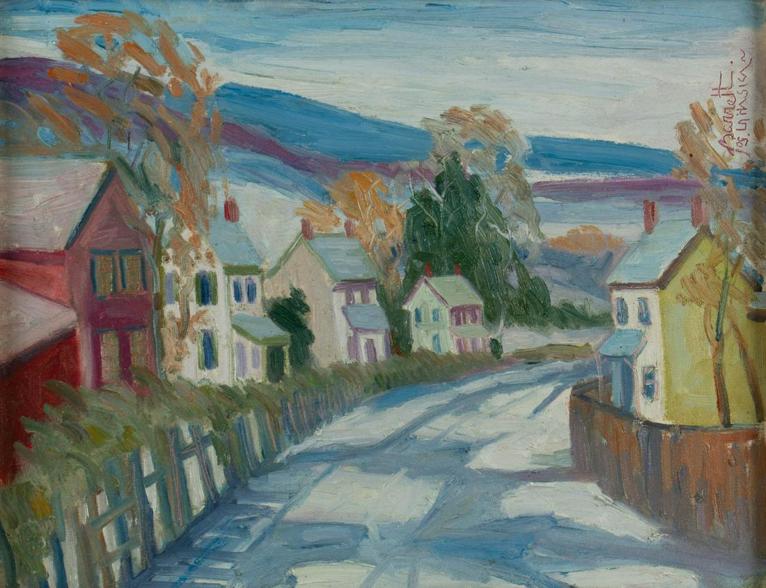 JOSEPH BARRETT (AMERICAN, B. 1936) BUCKS CO.,: JOSEPH BARRETT (AMERICAN, B. 1936) BUCKS CO., PENNSYLVANIA WINTER SCENE, oil on canvas, titled "Winter Street / Lahaska, PA" in artist's hand verso, signed and dated upper right. Housed in original gi