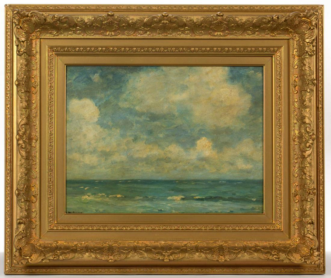 HENRY WARD RANGER (AMERICAN, 1858-1916) SEASCAPE: HENRY WARD RANGER (AMERICAN, 1858-1916) SEASCAPE, oil on artist board, depicting billowing clouds above a rolling sea, signed "H.W. Ranger" lower left. Verso with period inked inscription, "#71 / H.W.