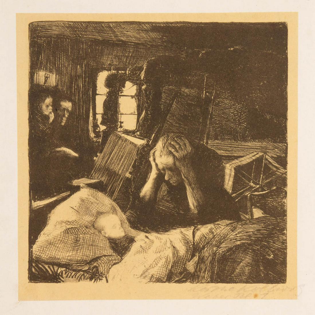 KATHE KOLLWITZ (GERMAN, 1867-1945) "POVERTY" LITHOGRAPH: KATHE KOLLWITZ (GERMAN, 1867-1945) "POVERTY" LITHOGRAPH, artist signed. Unframed. 1893-1894 early state. 7" x 6" plate, 15 3/4" x 12" OA.Very good overall visual condition. Scattered very minor wear t