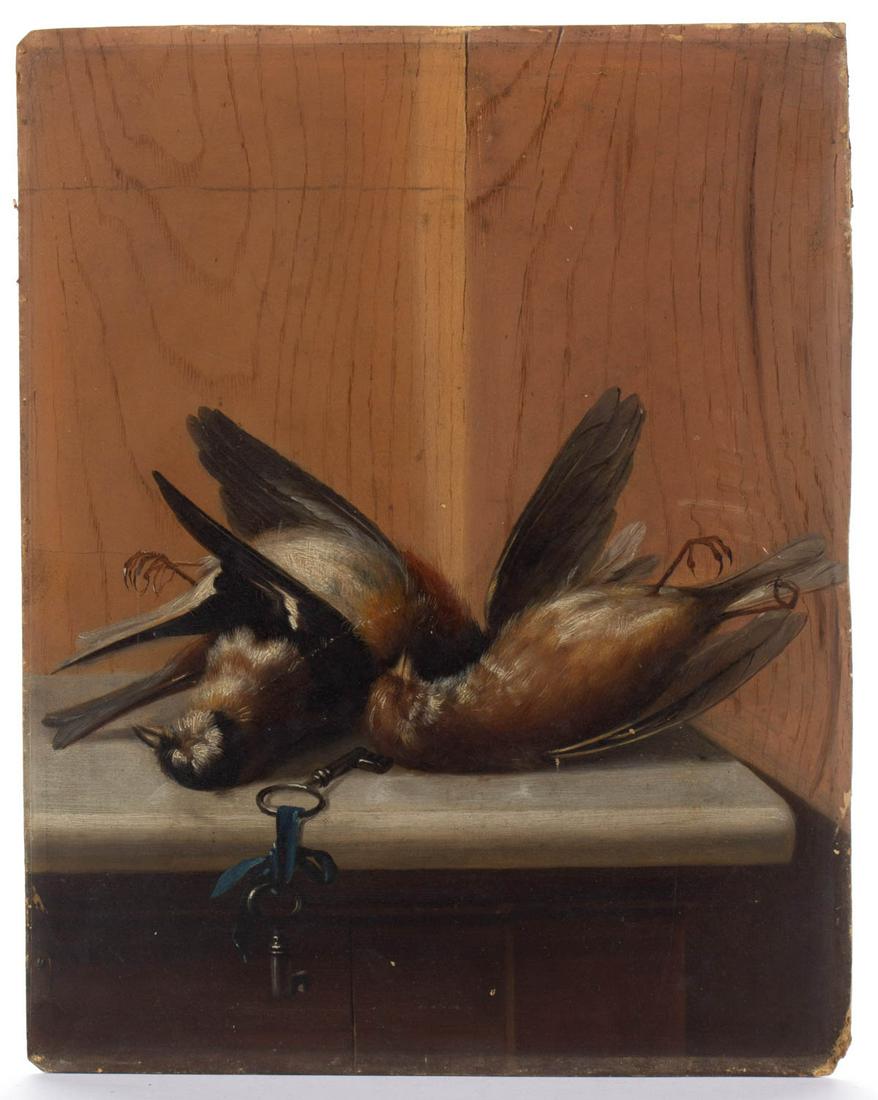 OLD MASTER-STYLE NATURE MORTE PAINTING: OLD MASTER-STYLE NATURE MORTE PAINTING, oil on artist panel, depicting two song birds with two keys attached by a blue ribbon, signed and inscribed on the reverse "Guiseppe Parrini / Viola Principesse