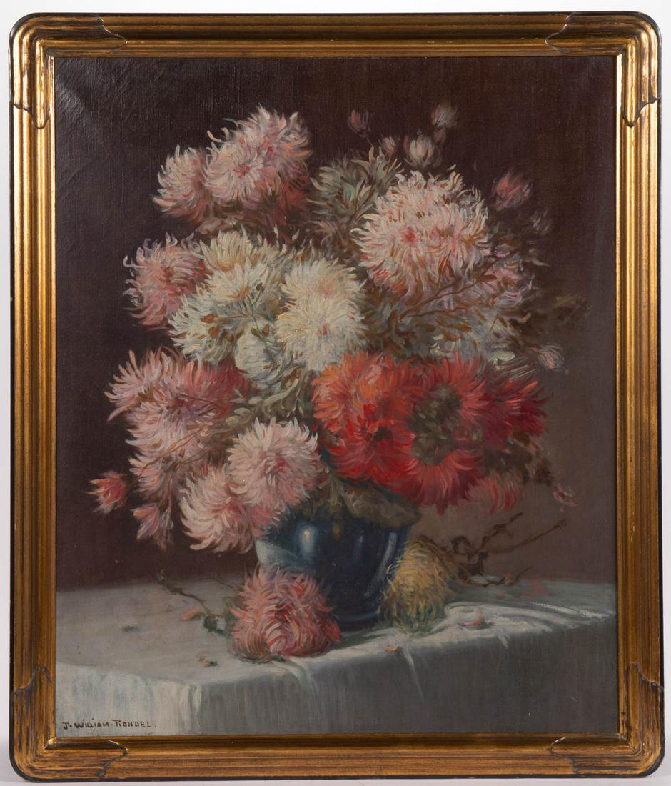AMERICAN SCHOOL (20TH CENTURY) FLORAL PAINTING: AMERICAN SCHOOL (20TH CENTURY) FLORAL PAINTING, oil on canvas, depicting dahlias or chrysanthemums in a vase, signed in the lower left corner "J. WILLIAM PIONDEL." Housed in likely original frame with