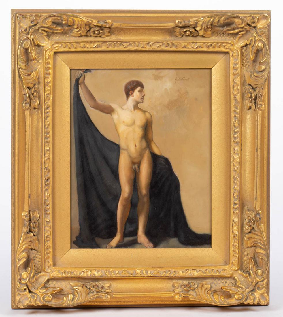 JUSTIN WIEST (AMERICAN, 20TH CENTURY) NUDE PORTRAIT OF: JUSTIN WIEST (AMERICAN, 20TH CENTURY) NUDE PORTRAIT OF A MAN, oil on board, signed upper right. Housed in a modern gilt frame. Fourth quarter 20th century. 9 1/2" x 7 1/2" sight, 15 3/4" x 13 3/4" OA.