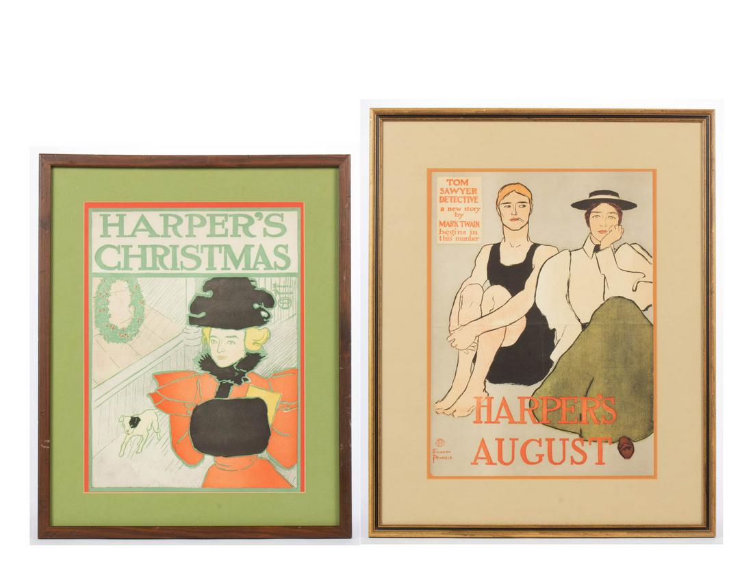 EDWARD PENFIELD (AMERICAN, 1866-1925) HARPER'S WEEKLY: EDWARD PENFIELD (AMERICAN, 1866-1925) HARPER'S WEEKLY COVERS, LOT OF TWO, comprising "HARPER'S CHRISTMAS" and "AUGUST" with cover mention of Mark Twain. Each housed in modern frames. Late 19th/first q