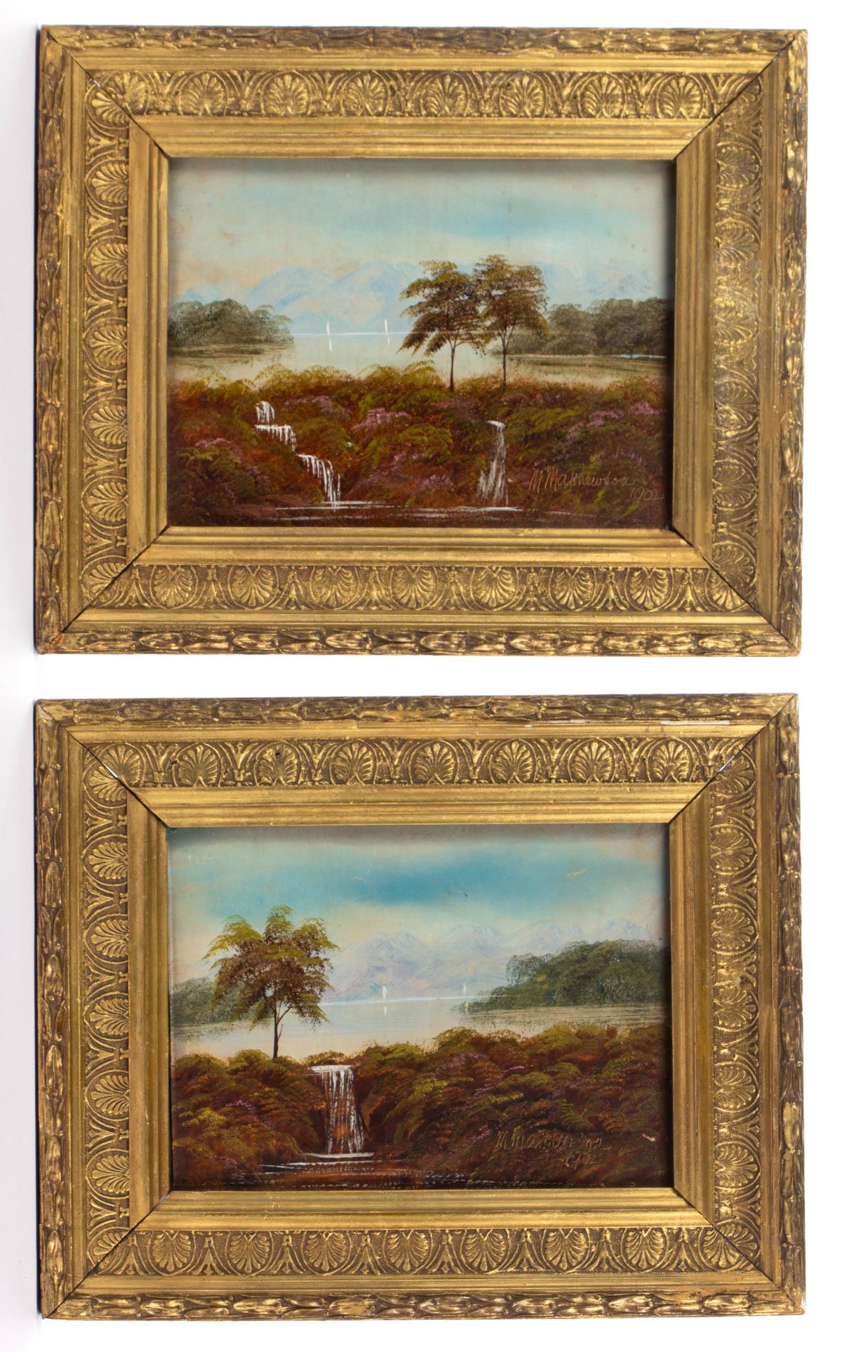 PAIR OF BRITISH SCHOOL (20TH CENTURY) LANDSCAPE: PAIR OF BRITISH SCHOOL (20TH CENTURY) LANDSCAPE PAINTINGS, oil on board, each depicting a waterfall, and signed and dated in the lower right corner "M Mathewson / 1904". Housed in period gilt molded f