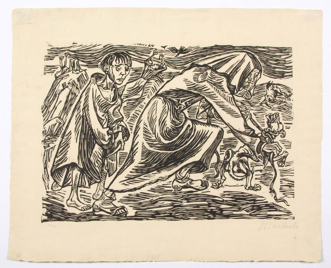 ERNST BARLACH (GERMAN, 1870-1938) "DOG CHASERS": ERNST BARLACH (GERMAN, 1870-1938) "DOG CHASERS" WOODBLOCK PRINT, signed in lower right "E. Barlach", and numbered lower left "22/100". Unframed. 1919. 14 1/4" x 17 1/4".Very good overall visual condit