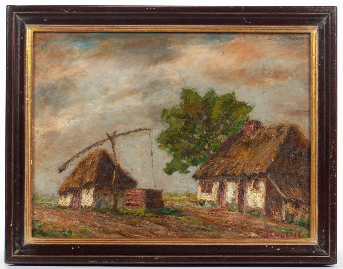 AMERICAN OR BRITISH SCHOOL (LATE 19TH / EARLY 20TH C): AMERICAN OR BRITISH SCHOOL (LATE 19TH / EARLY 20TH C) VILLAGE SCENE, oil on canvas, depicting thatch cottages, with illegible signature in lower right corner. Housed in a modern frame. Late 19th/early