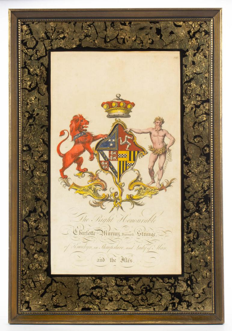 ANTIQUE HERALDIC PRINTS, LOT OF THREE: ANTIQUE HERALDIC PRINTS, LOT OF THREE, each hand-colored engraving, including coat of arms for "John Ward" and "William Stanhope". Housed in old frames. 19th century or earlier. 16 1/2" x 9 1/2" sight