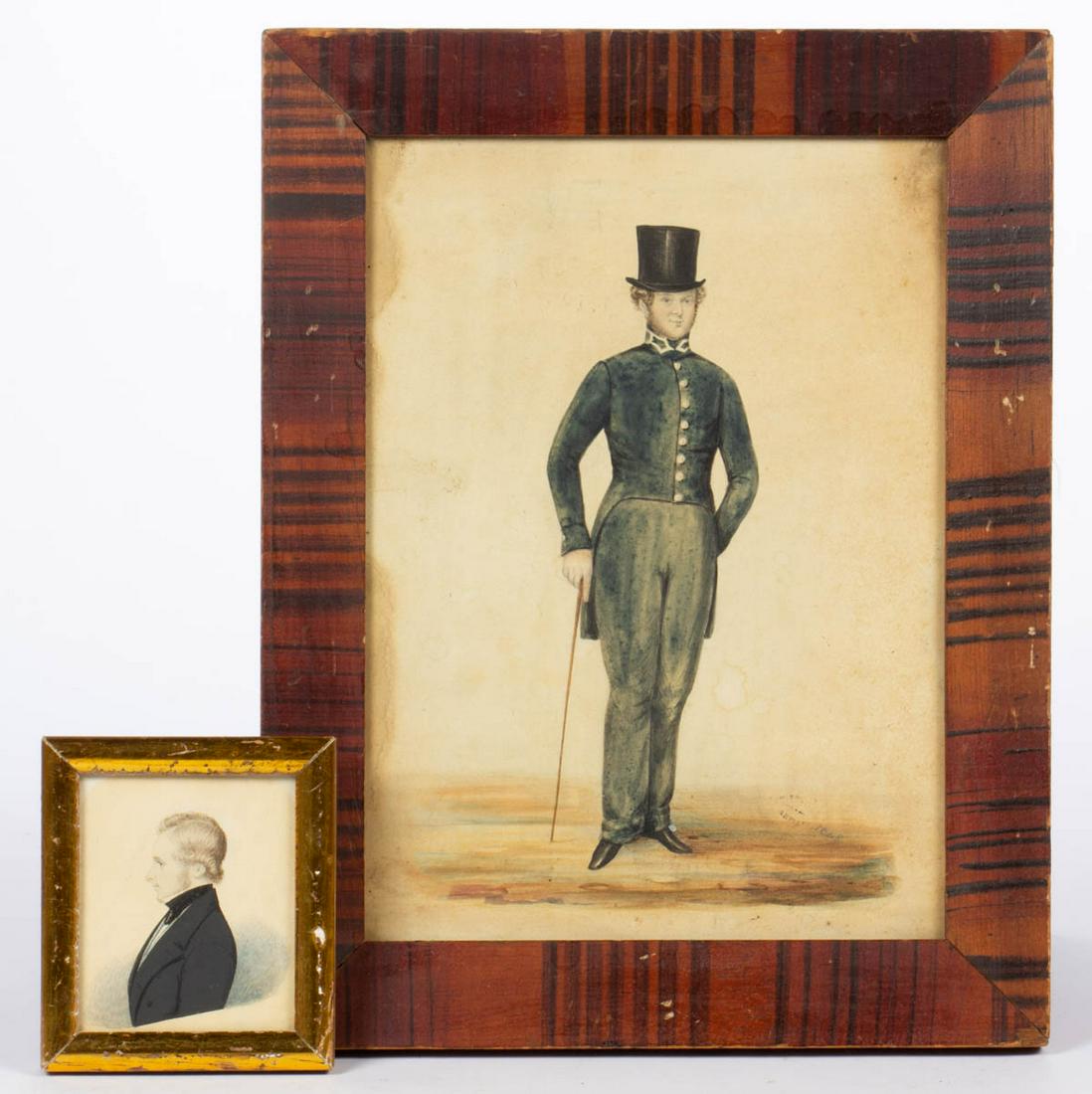 AMERICAN OR BRITISH SCHOOL (19TH CENTURY) PORTRAITS,: AMERICAN OR BRITISH SCHOOL (19TH CENTURY) PORTRAITS, LOT OF TWO, watercolor on paper, comprising a full-length figure wearing a top hat and holding a cane, illegible artist stamp in lower right corner
